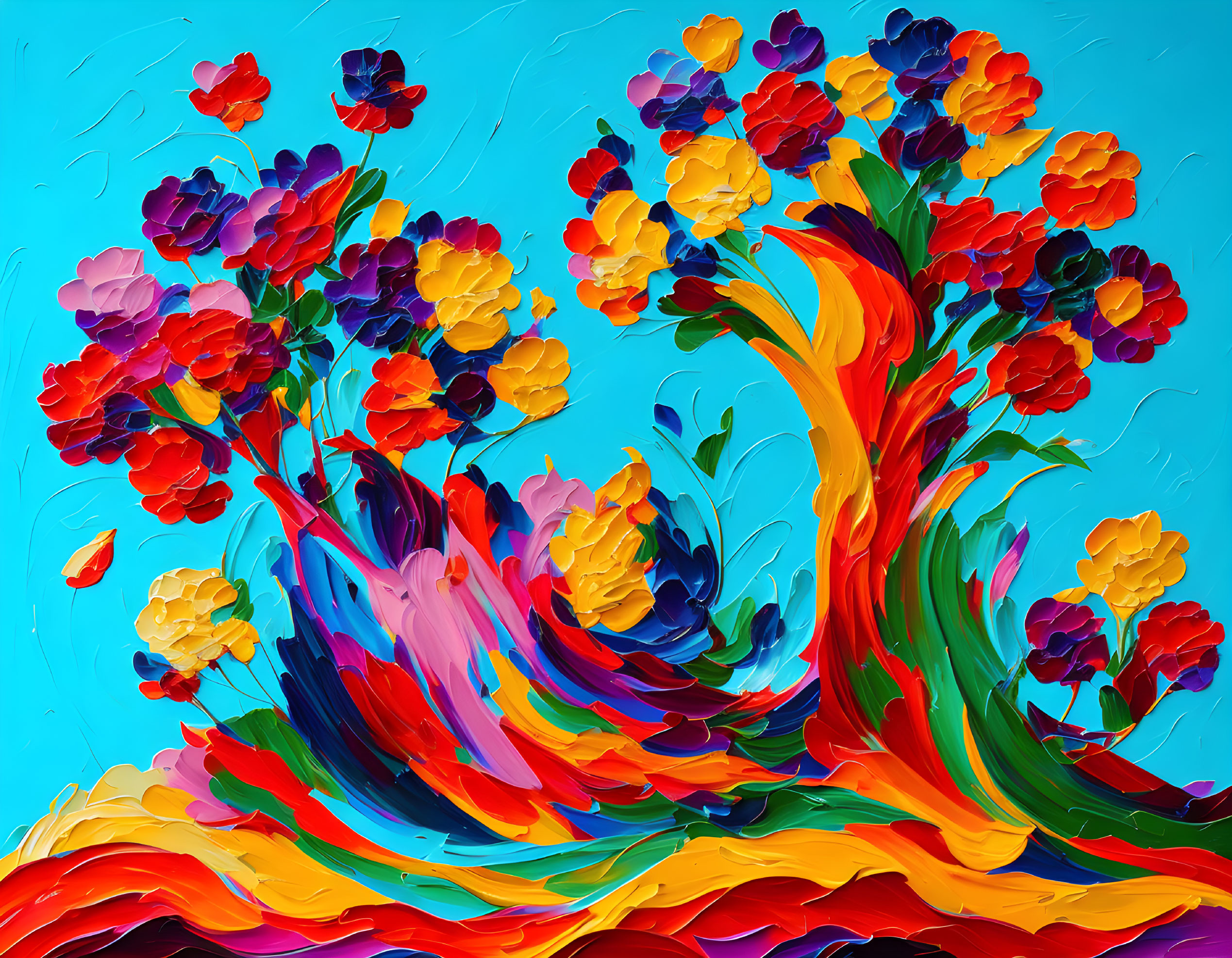 Abstract Flowers Painting: Vibrant Thick Paint on Turquoise Background