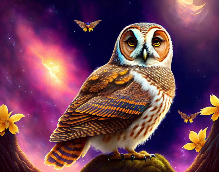 Colorful Owl Perched on Branch in Cosmic Scene