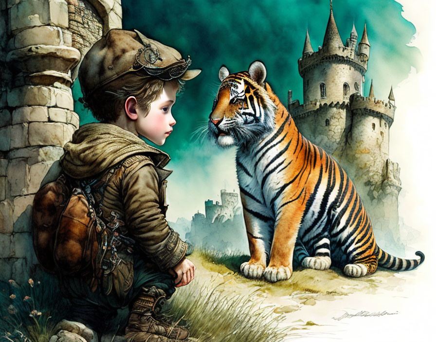 Young boy in pilot costume with tiger and castle in whimsical scene