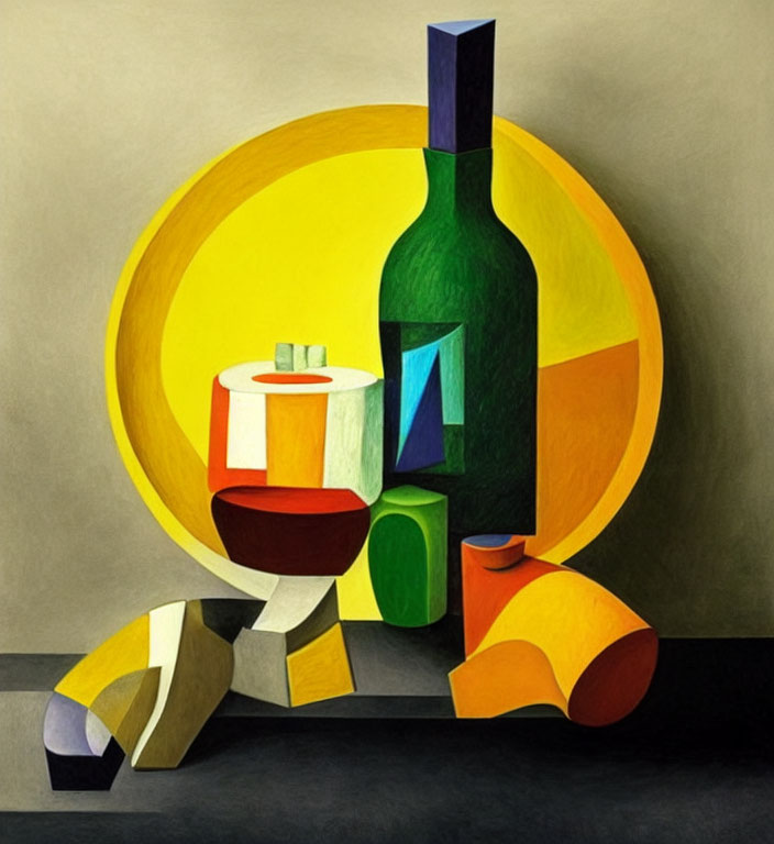 Cubist still life painting with bottle, glass, fruit, guitar, bold colors