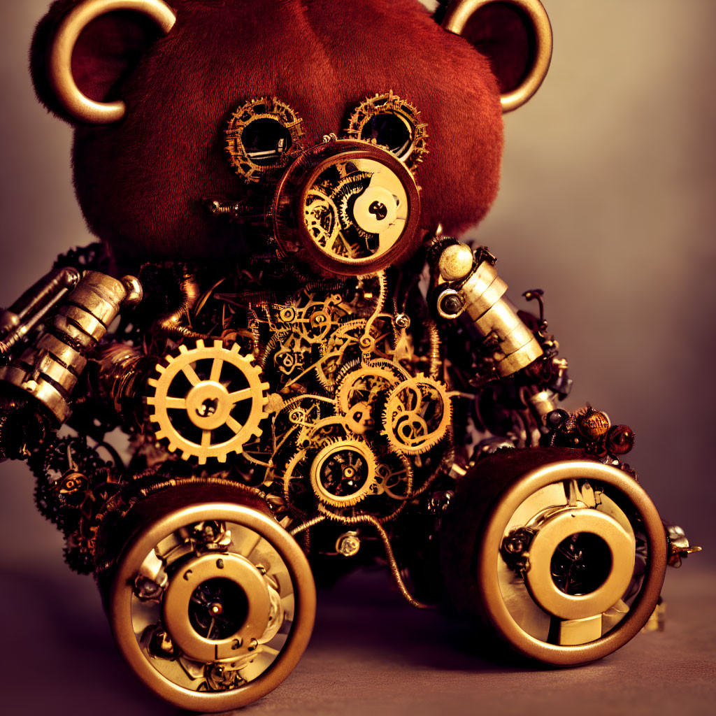 Steampunk-style Teddy Bear with Mechanical Gears on Warm Background