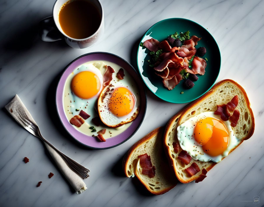 Elegant breakfast spread with sunny-side-up eggs, bacon, avocado, blackberries, and toast on