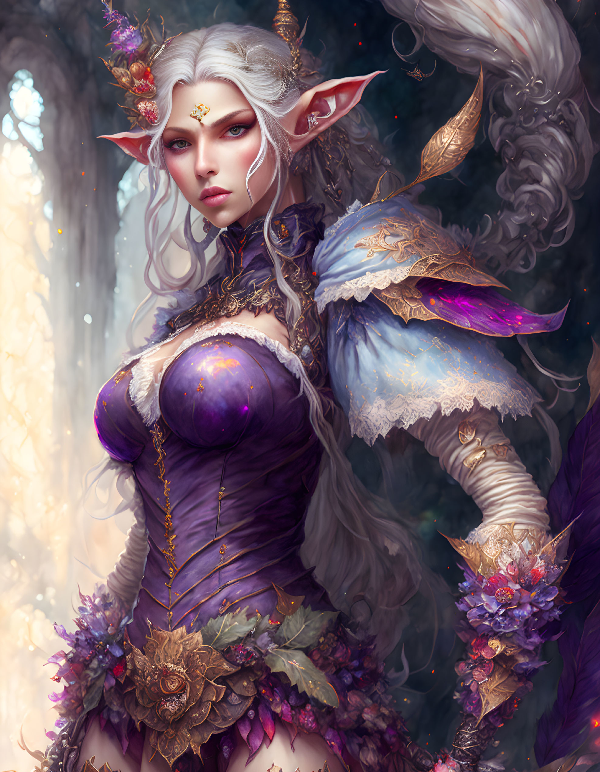 Ethereal elf in purple and gold attire in enchanted forest