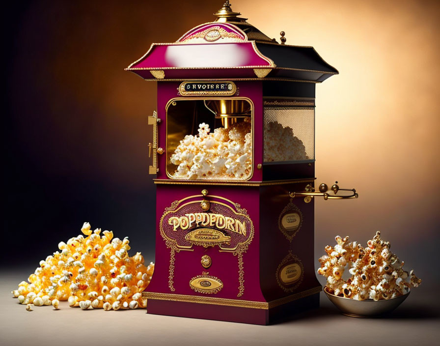 Vintage Style Popcorn Machine Overflowing on Gradient Background