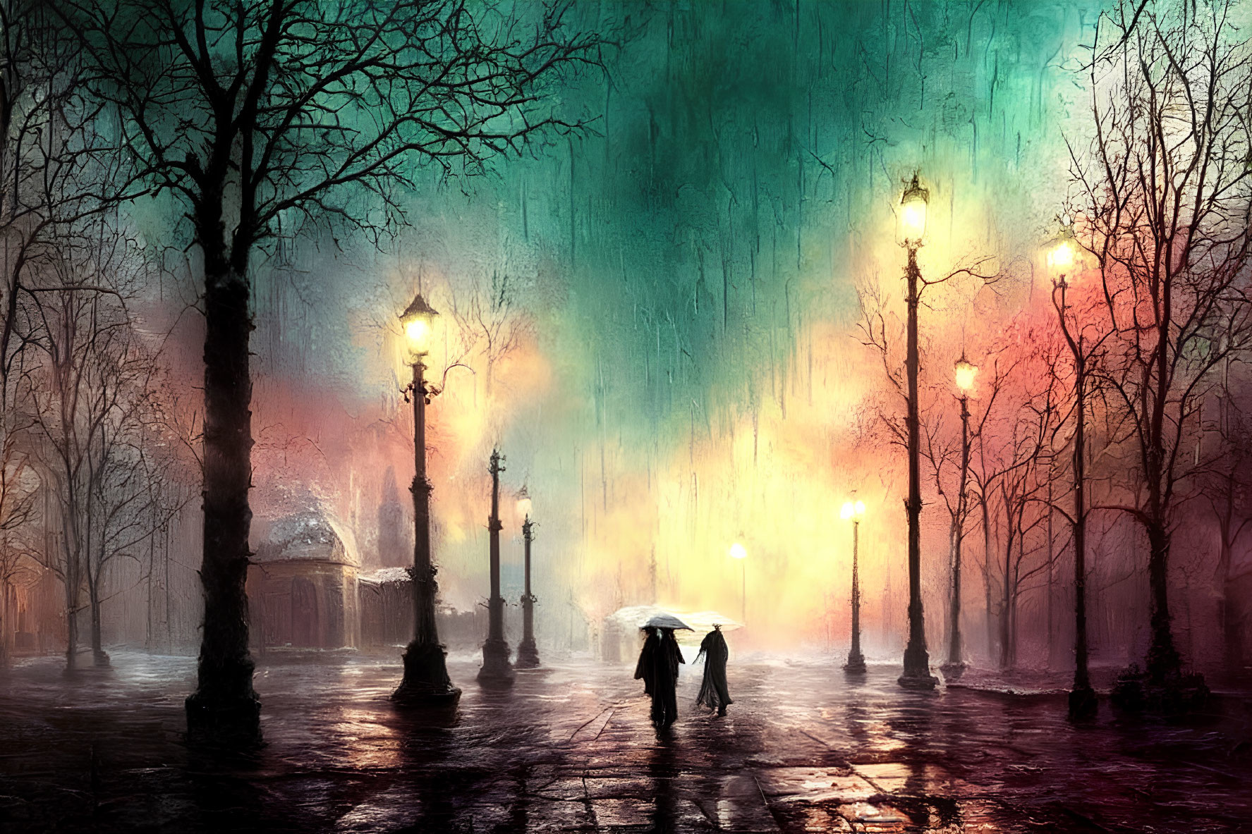 Couple walking under umbrella on rainy, lamp-lit street with mist effect