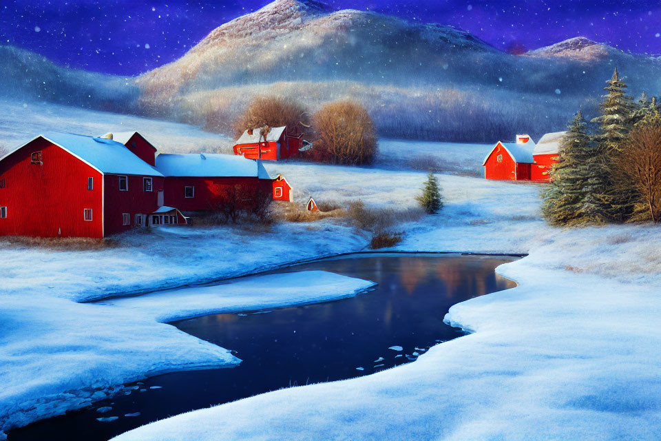 Snowy hills, red houses, icy stream in starry night scenery