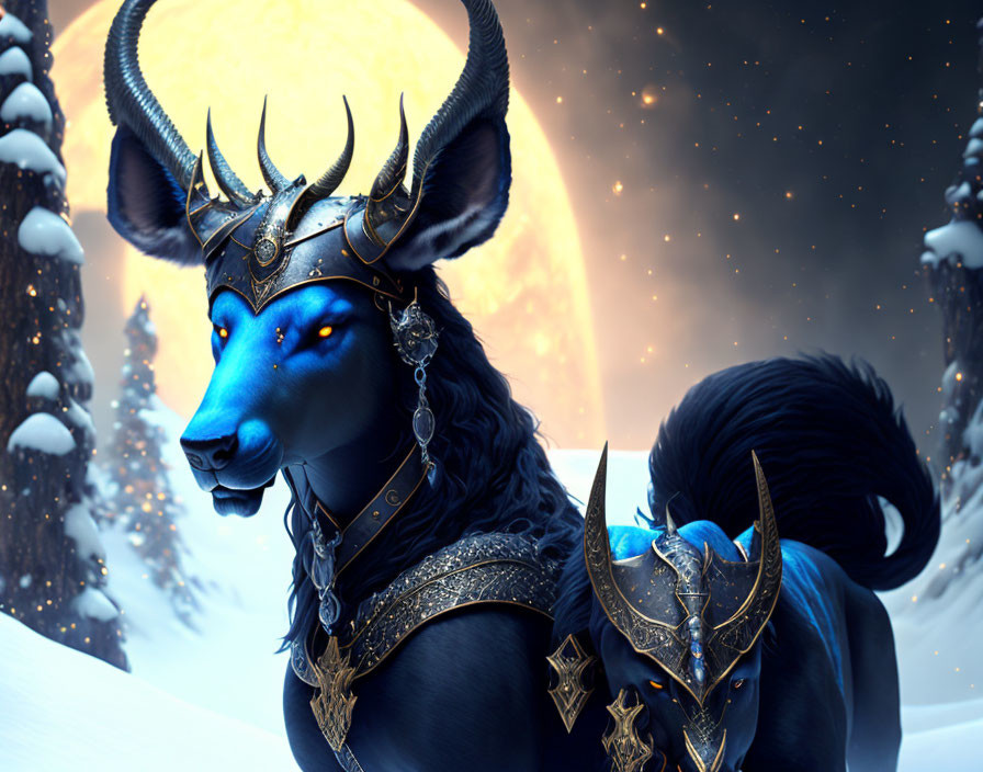 Blue mythical creature with antlers and golden jewels in snowy landscape