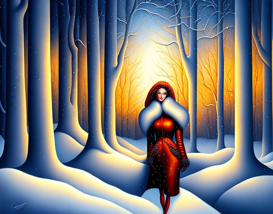Woman in Red Dress and Blue Cloak in Snowy Forest with Warm Light