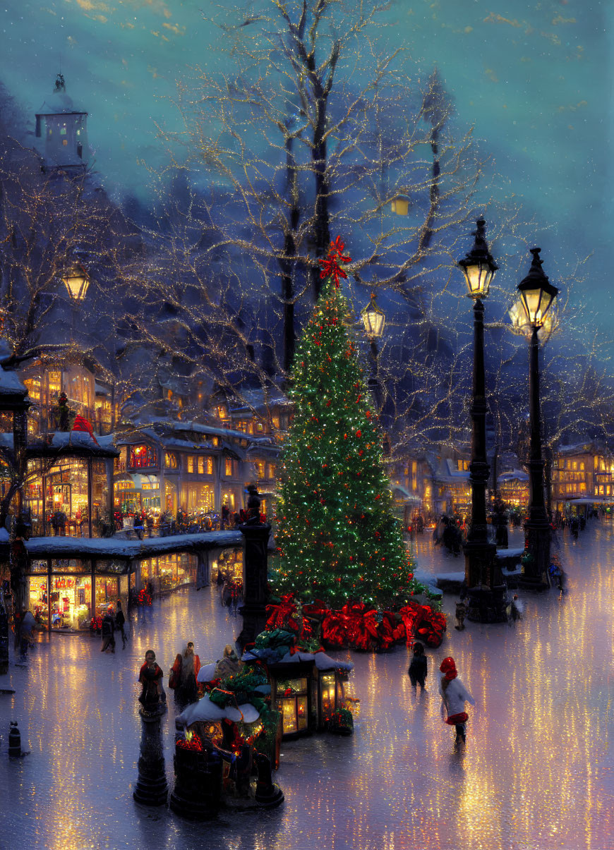 Snowy Town Square Twilight Scene with Christmas Decorations