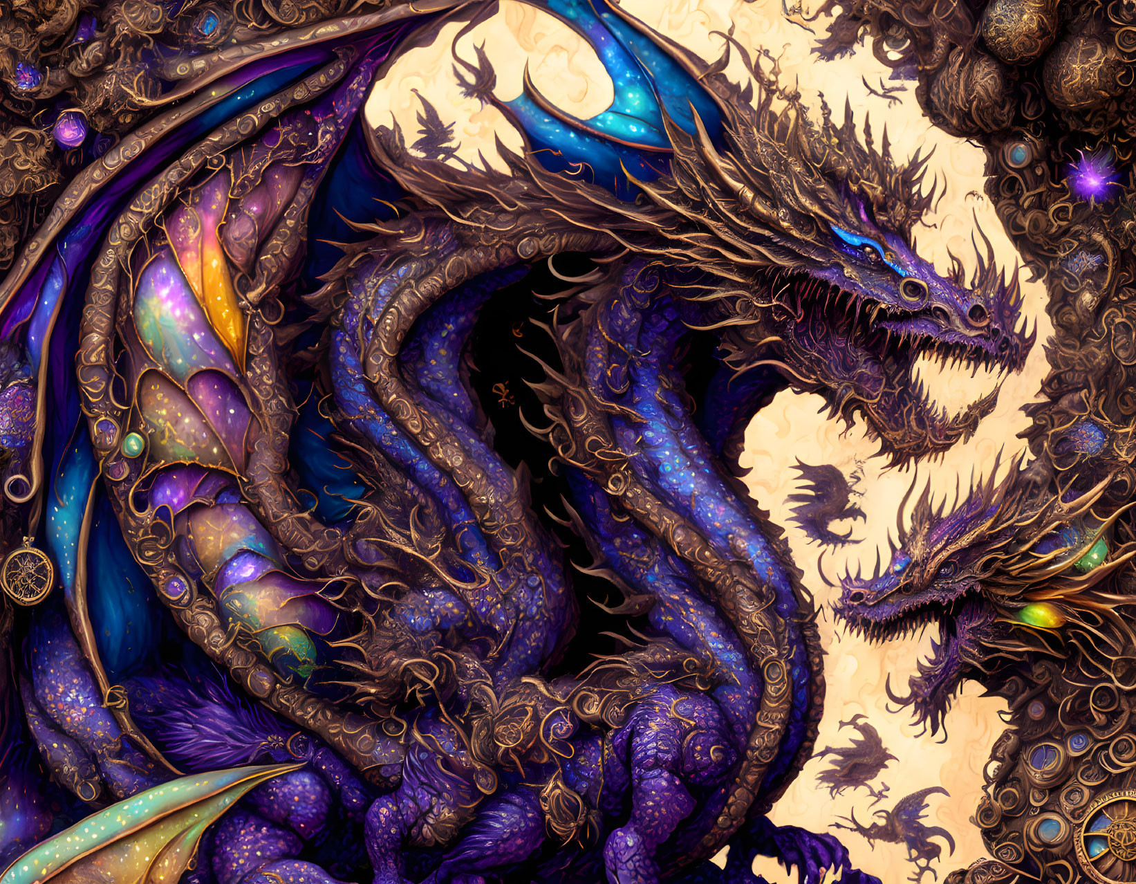 Colorful Multi-Headed Dragon Artwork with Purple Scales & Celestial Motifs