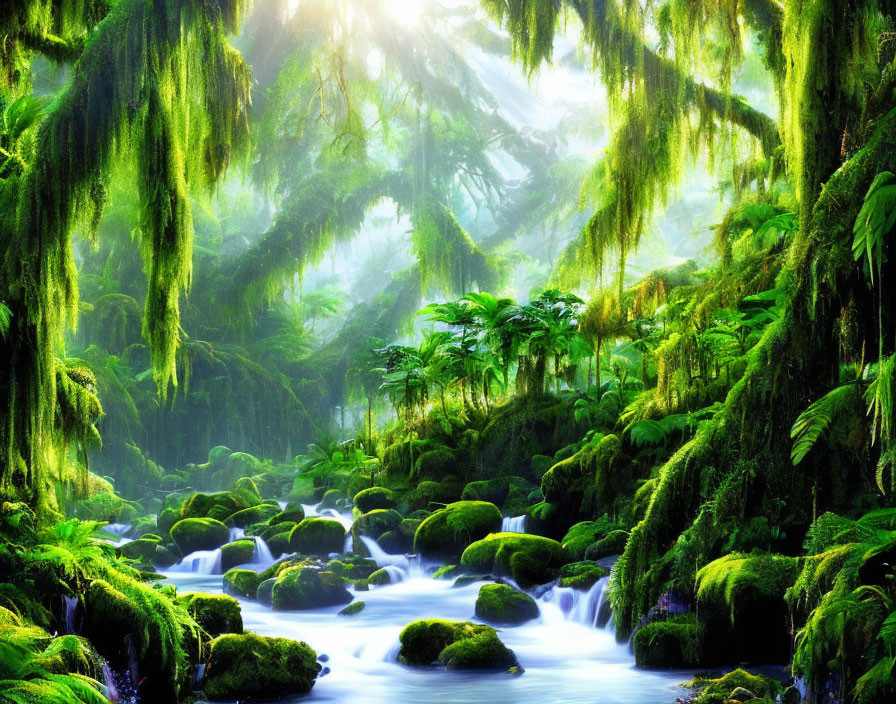 Serene forest scene with sunlight, moss-covered rocks, and flowing stream