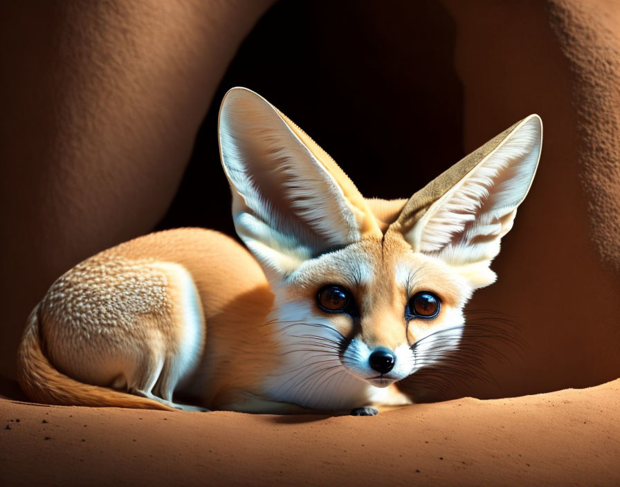 Small fennec fox with large ears and bright eyes in rocky nook