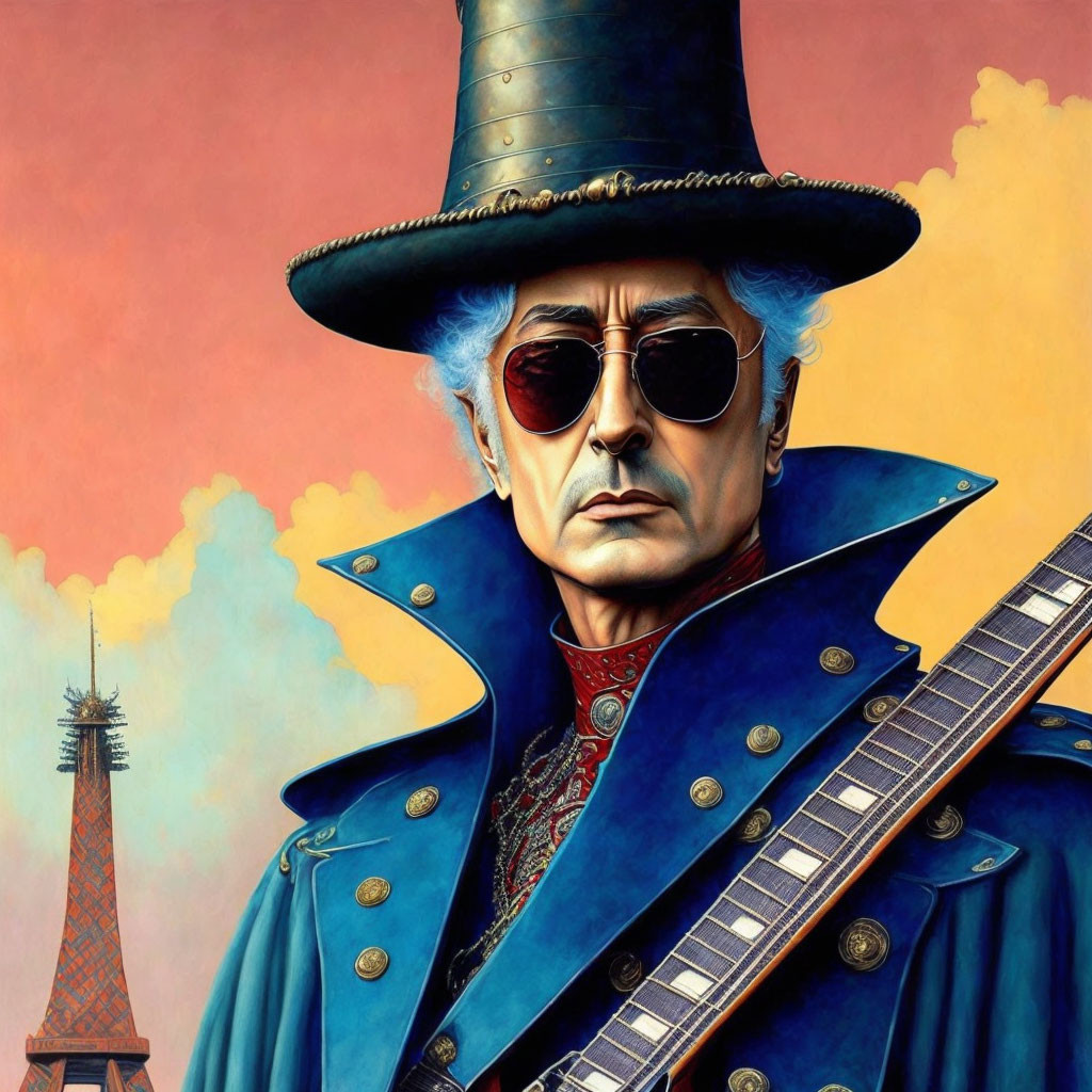 Person with Blue Hair Wearing Sunglasses and Guitar in Stylized Painting