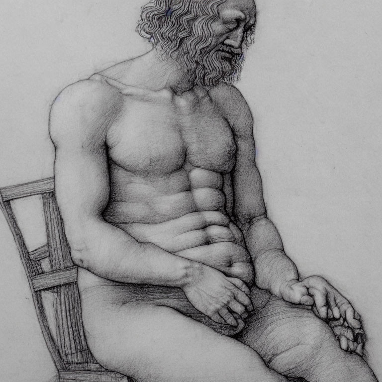 Realistic pencil drawing of seated, aged, bearded man with contemplative expression.