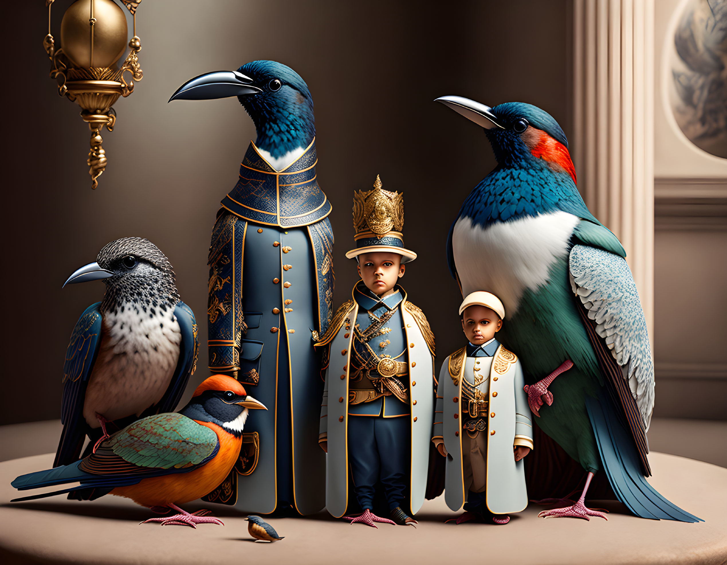 Young Boy in Royal Uniform Surrounded by Colorful Birds in Regal Room