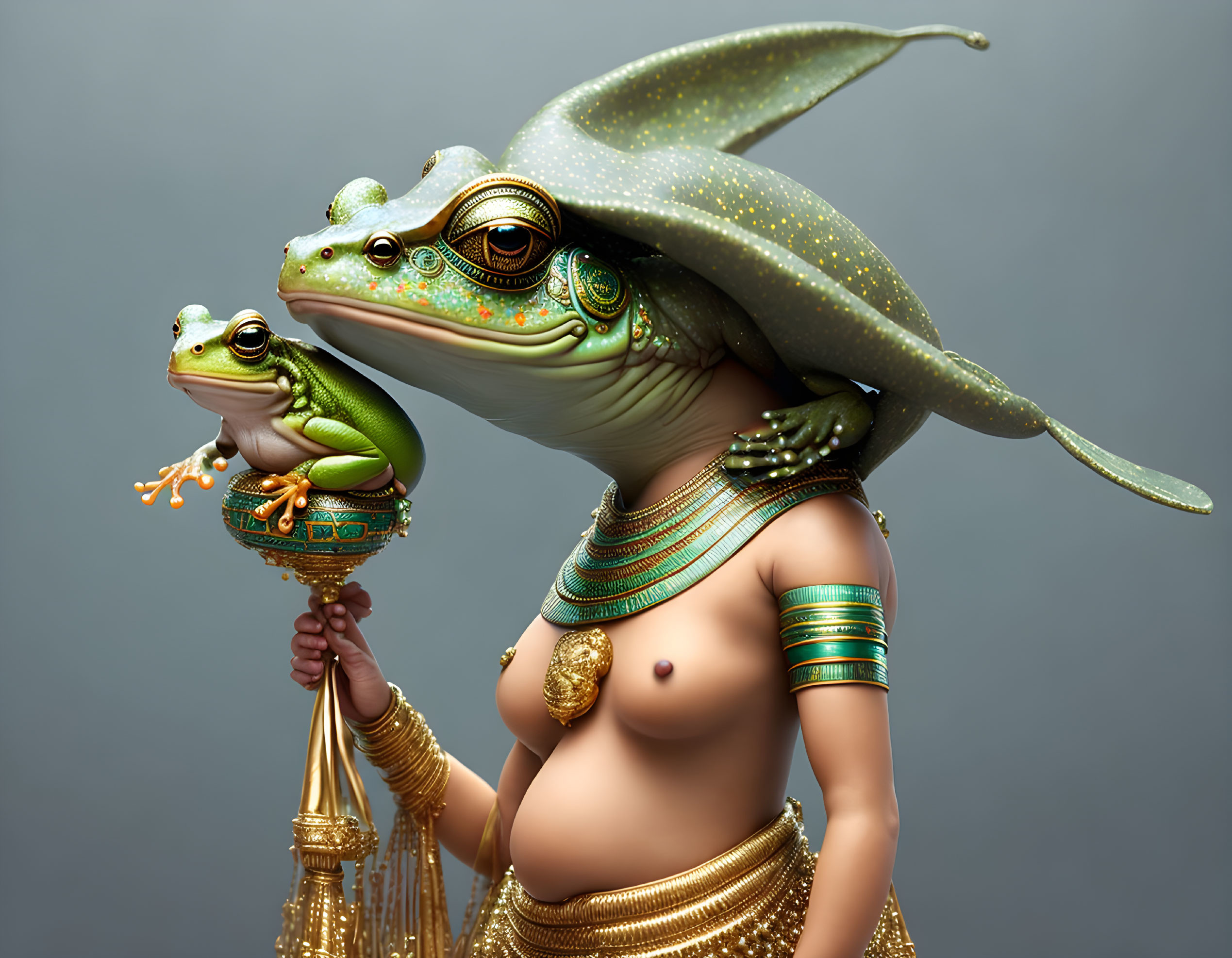 Surreal humanoid figure with frog head and jewelry holding smaller frog on grey background