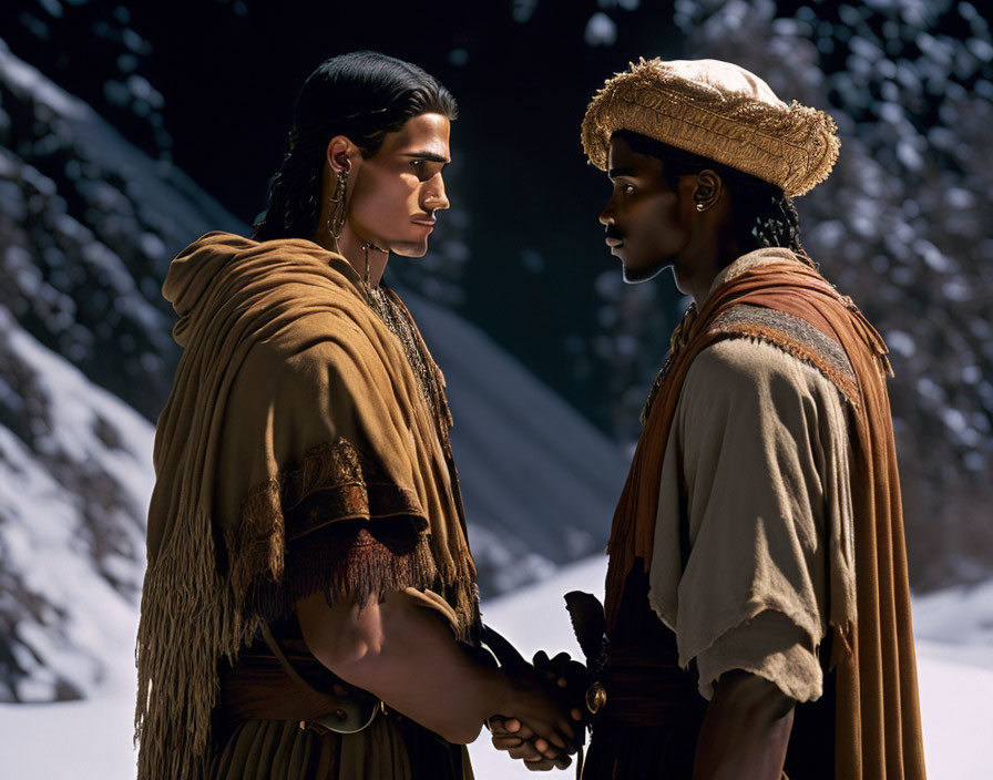 Two people in historical attire holding hands with snowy mountains in the background.