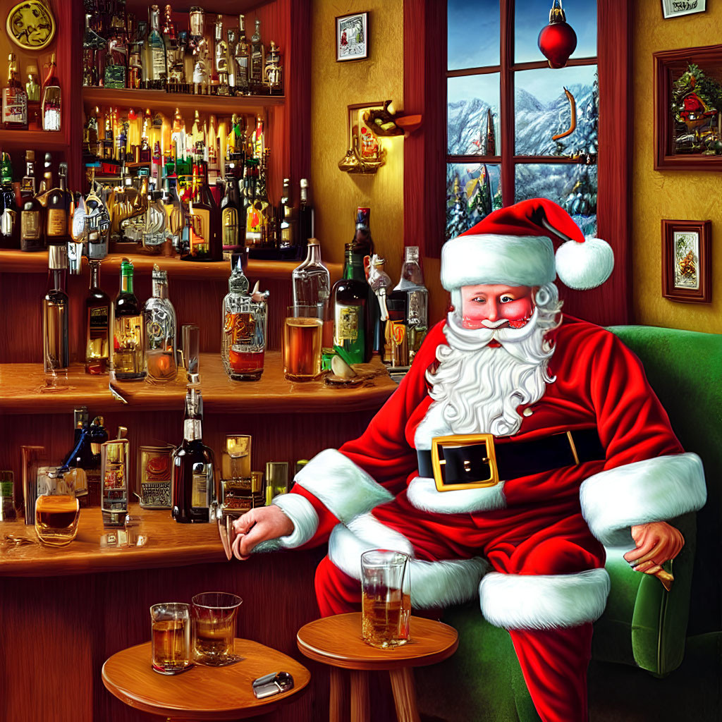 Santa Claus in bar with whiskey glass, snowy mountain view