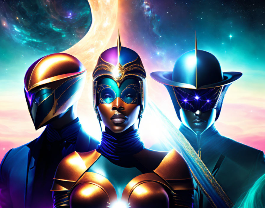 Futuristic characters with stylized helmets in cosmic setting