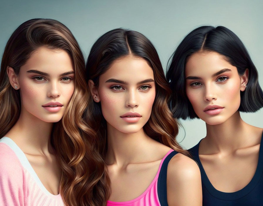 Three women posing with styled hair and makeup in different colored tops