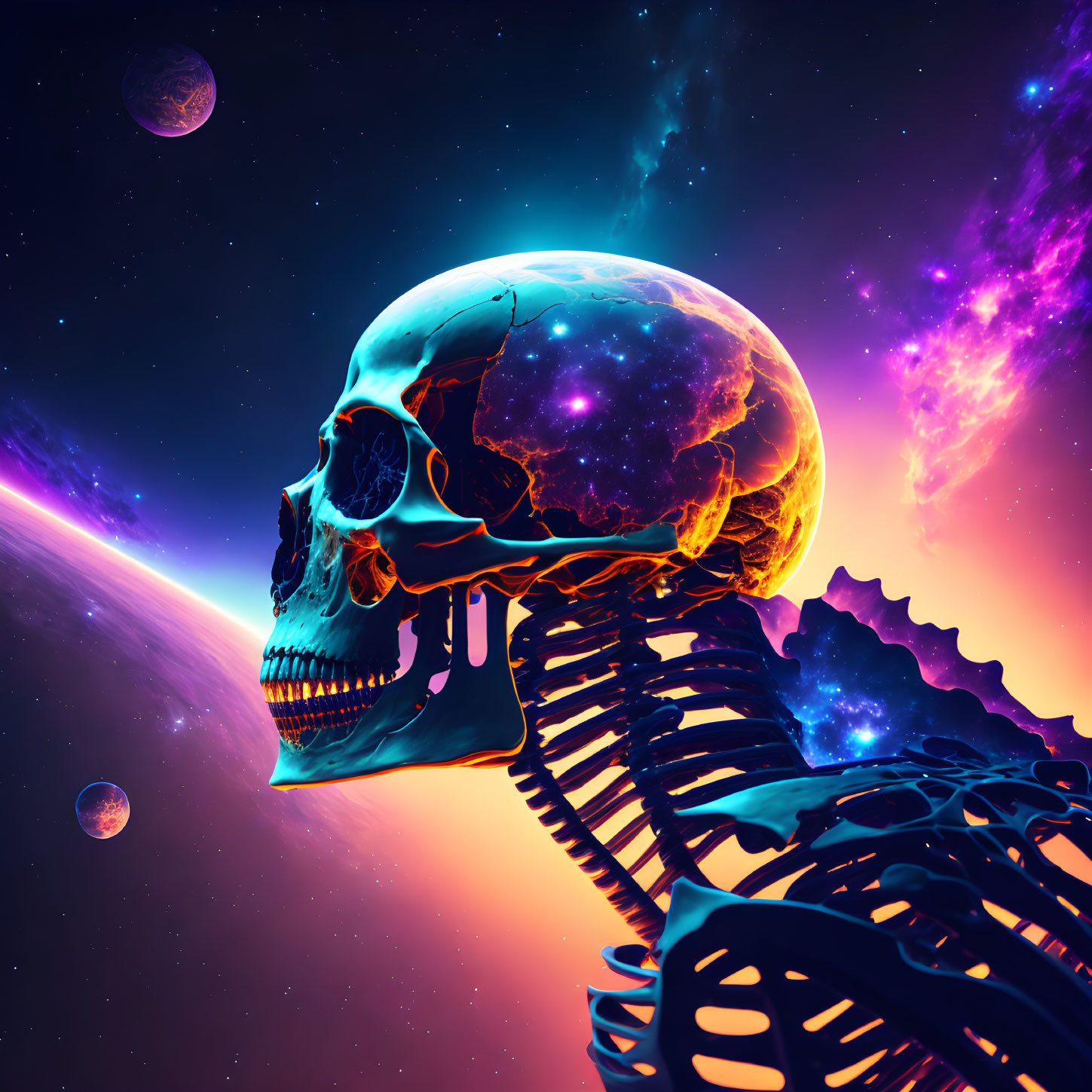 Detailed Digital Artwork of Human Skull and Spine in Cosmic Setting