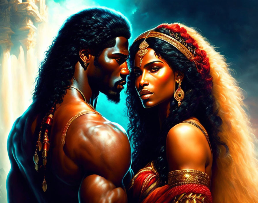 Regal man and woman in strong pose against fiery background