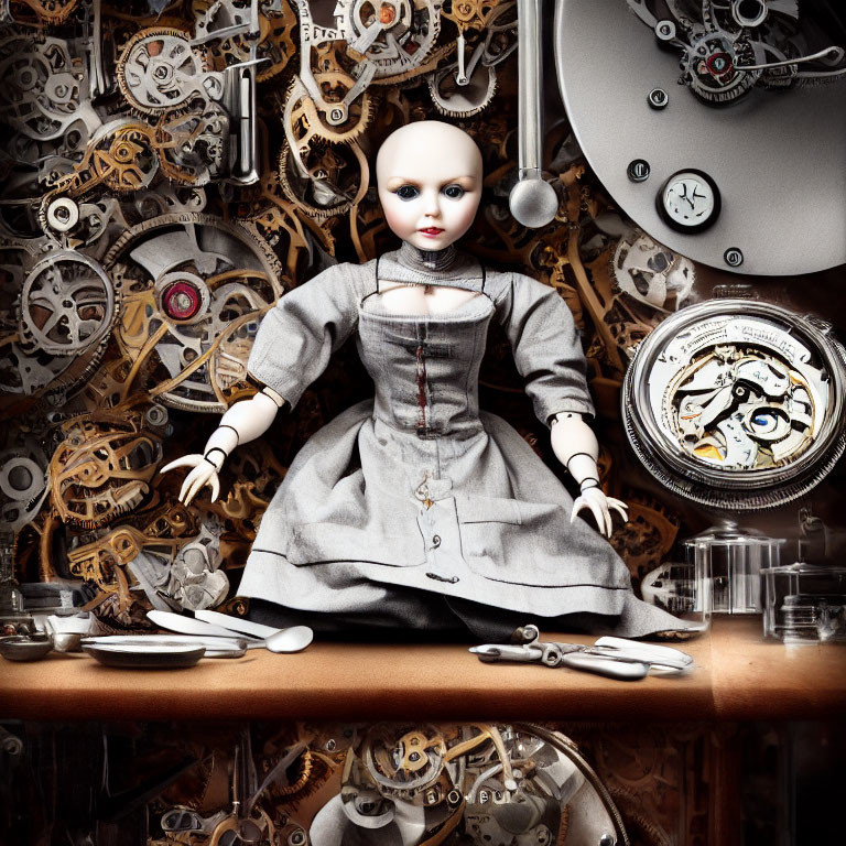 Porcelain doll in grey dress surrounded by scattered watch gears