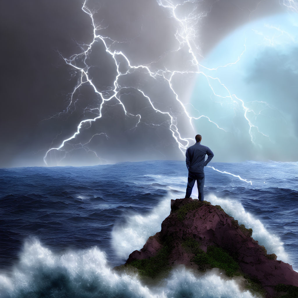 Person on craggy outcrop gazes at turbulent sea and lightning-filled sky