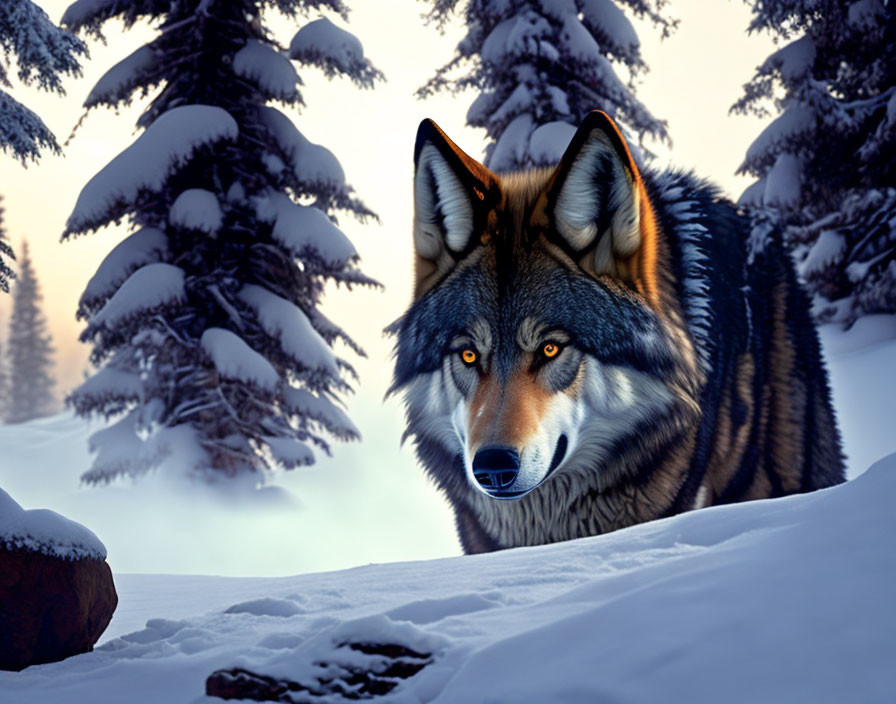 Orange-eyed wolf in snowy forest at dusk