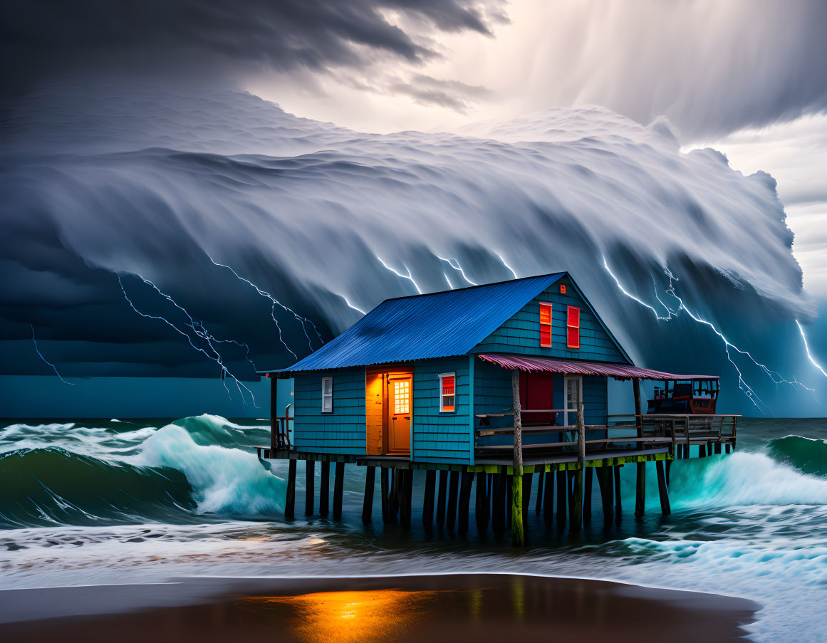 House on Stilts Facing Stormy Sea Waves and Lightning