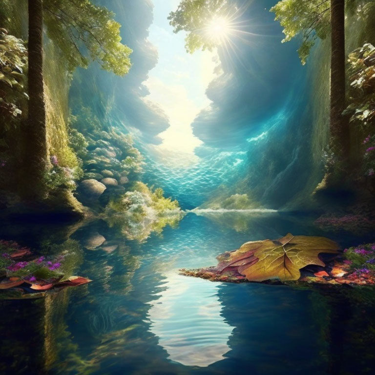 Tranquil Forest Scene with Sunlight, Pond, Rocks & Foliage