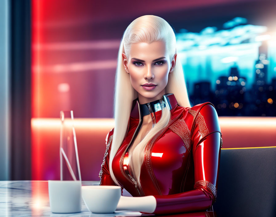 Platinum-haired woman in futuristic red outfit at city bar