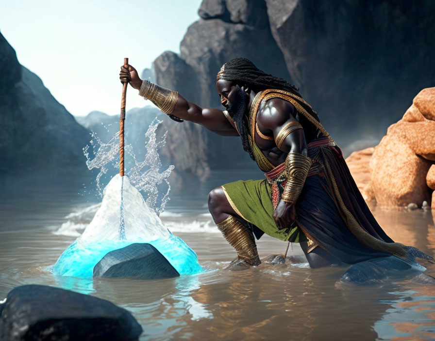 Digital artwork: Warrior with spear and glowing blue stone in water, set in mystical fantasy scene