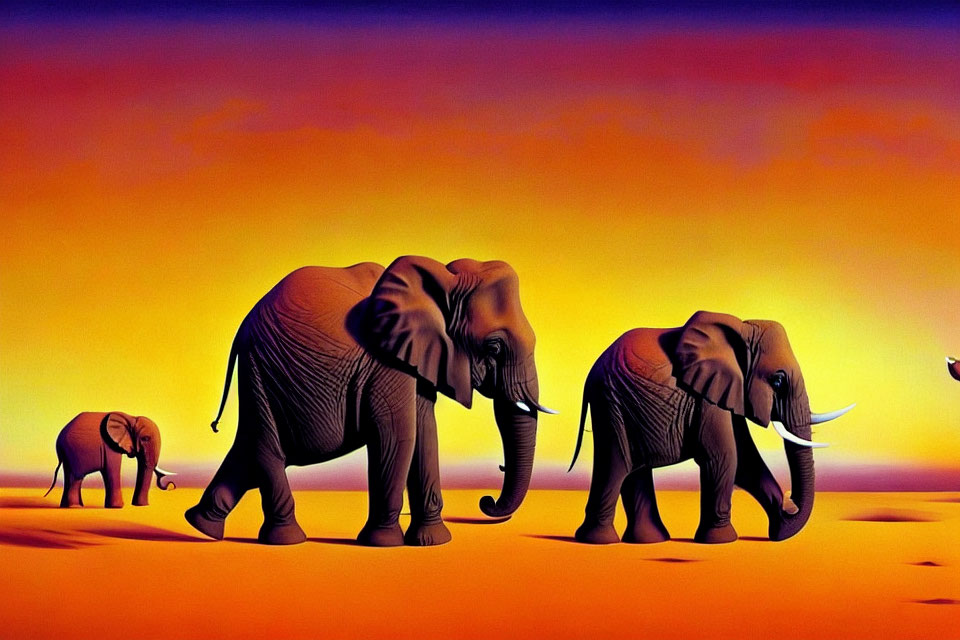 Three elephants in size gradient on vibrant orange-purple sunset background