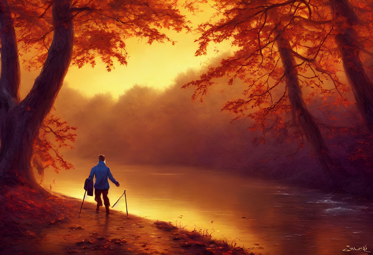 Autumn scene: Person walking by calm river with vibrant foliage under misty sky