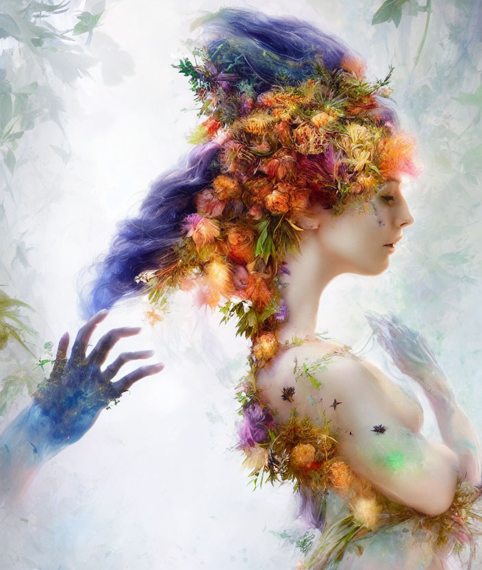 Woman with Floral Headpiece and Colorful Paint in Ethereal Nature Setting