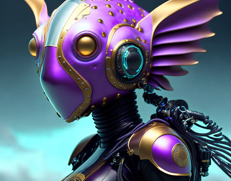 Futuristic robotic fish in purple and golden armor on teal background