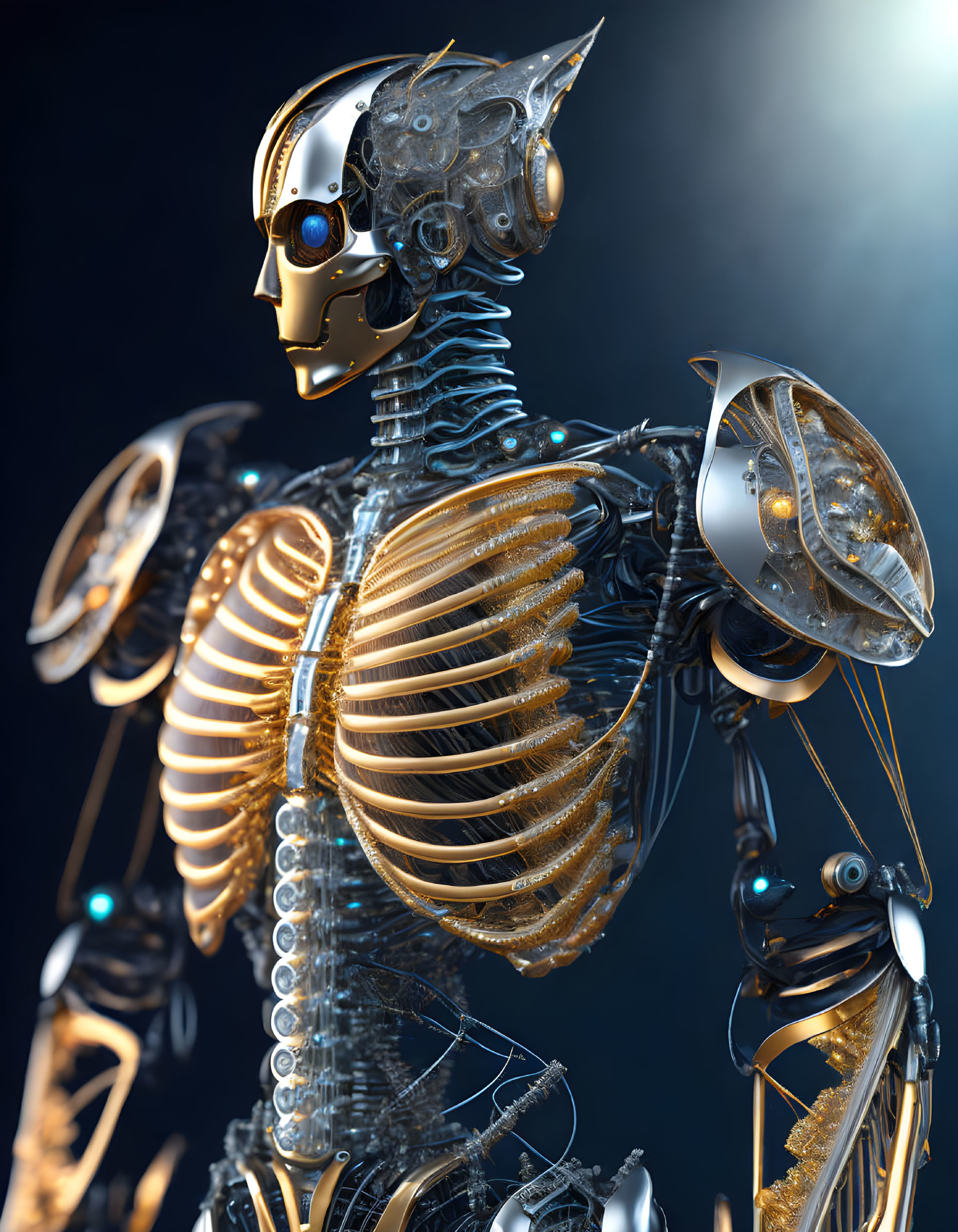 Detailed robotic figure with gold and silver components and intricate spinal structure on dark background