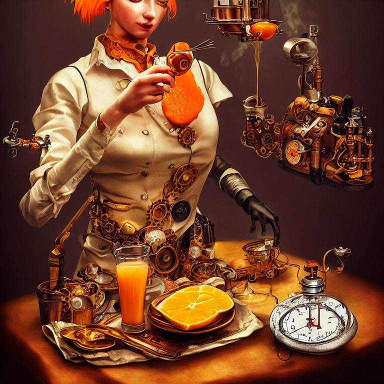 Steampunk-themed image: Woman in mechanical corset making orange juice