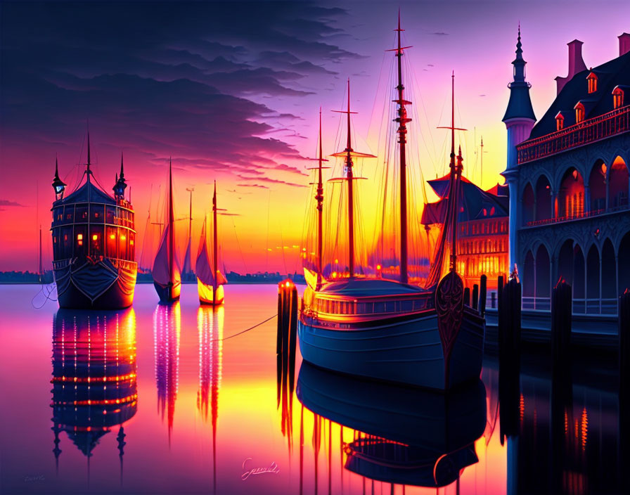 Tranquil sunset harbor with purple and orange skies, sailing ships, and ornate building