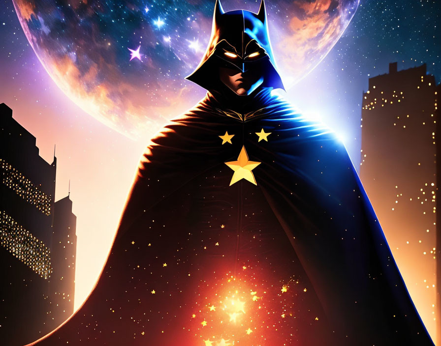 Superhero illustration with starry cape in cosmic setting