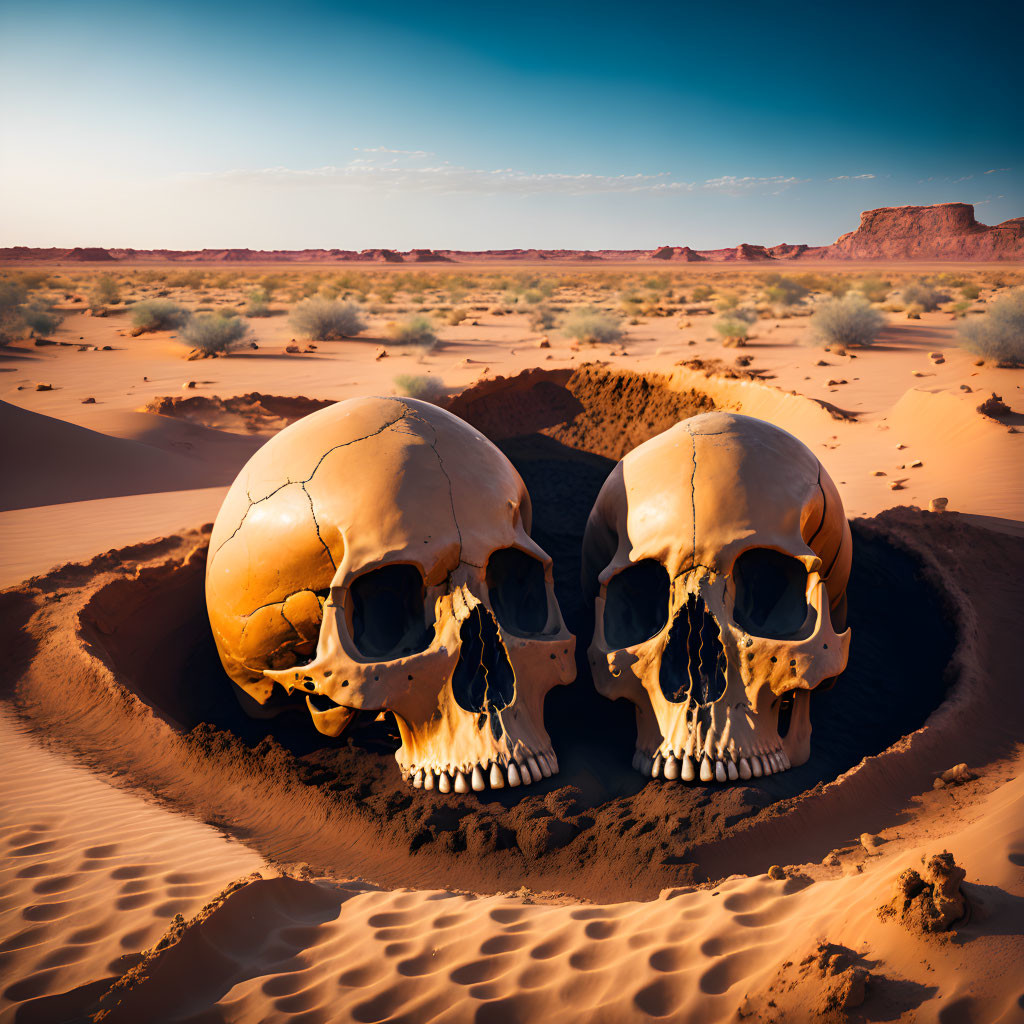 Human skulls partially buried in desert sand under clear blue sky.