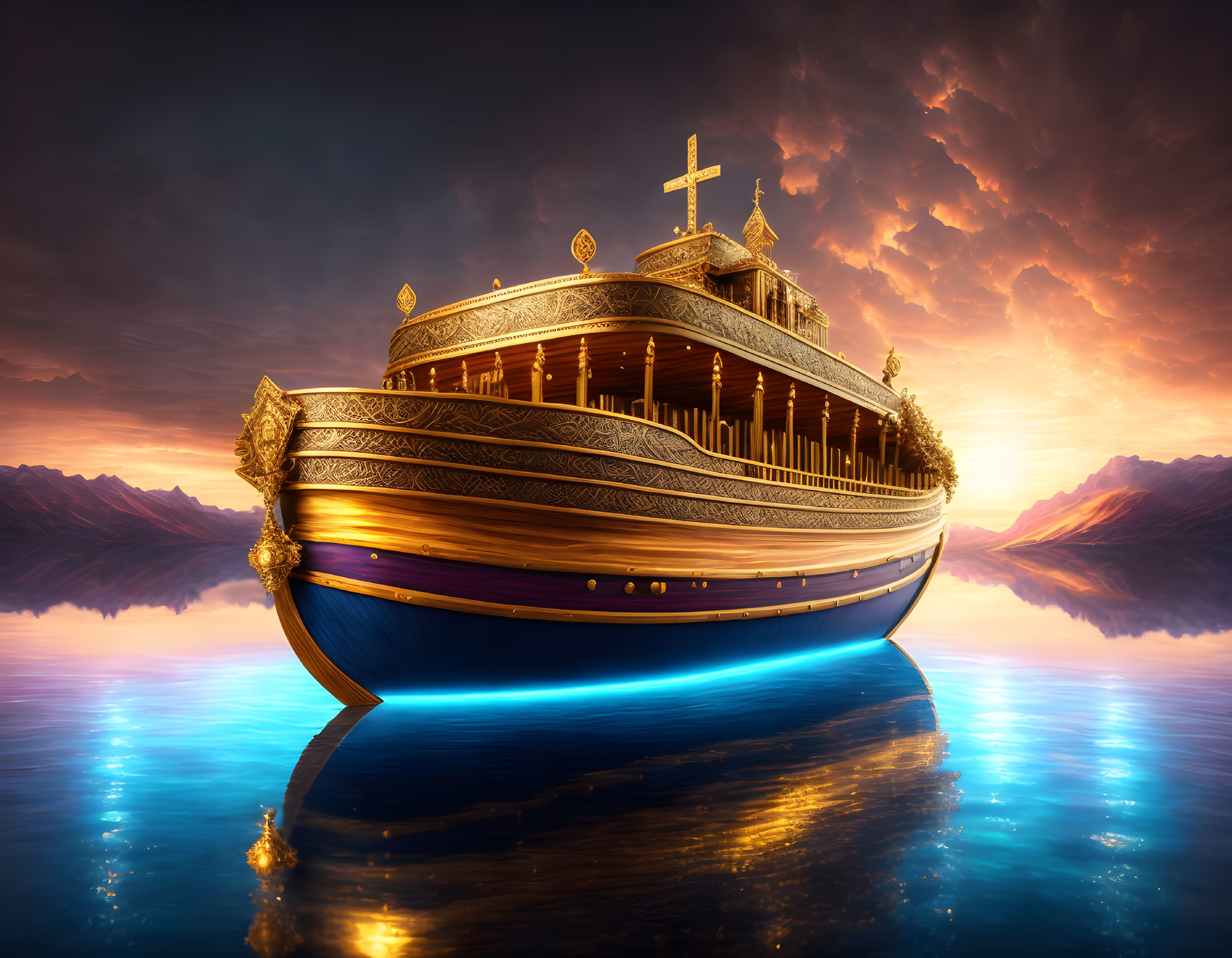 Golden-trimmed ship with cross on calm waters at sunset