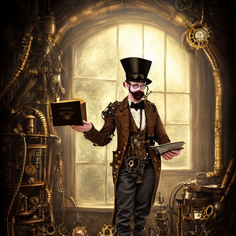 Steampunk-themed person with top hat and mechanical arm in gear-filled room