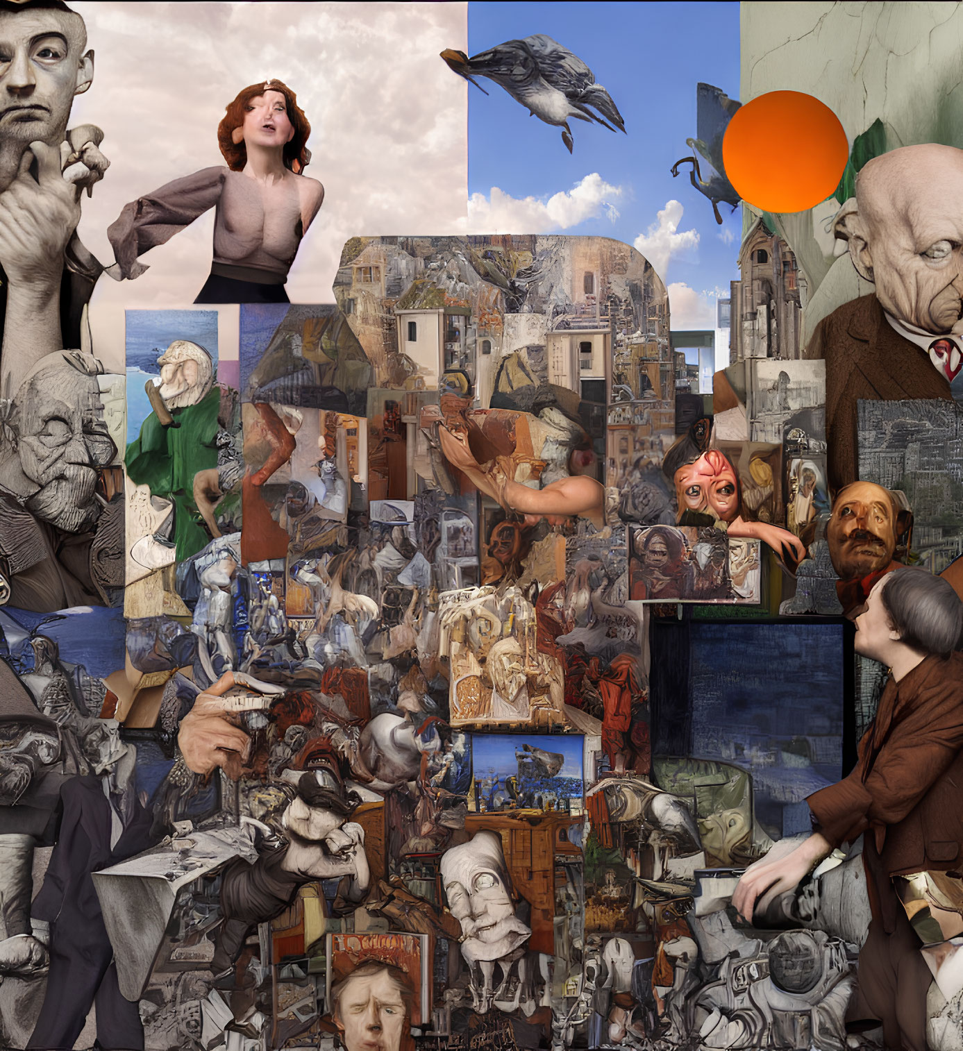 Surrealistic Collage with People, Crow, Orange Sphere, and Artworks