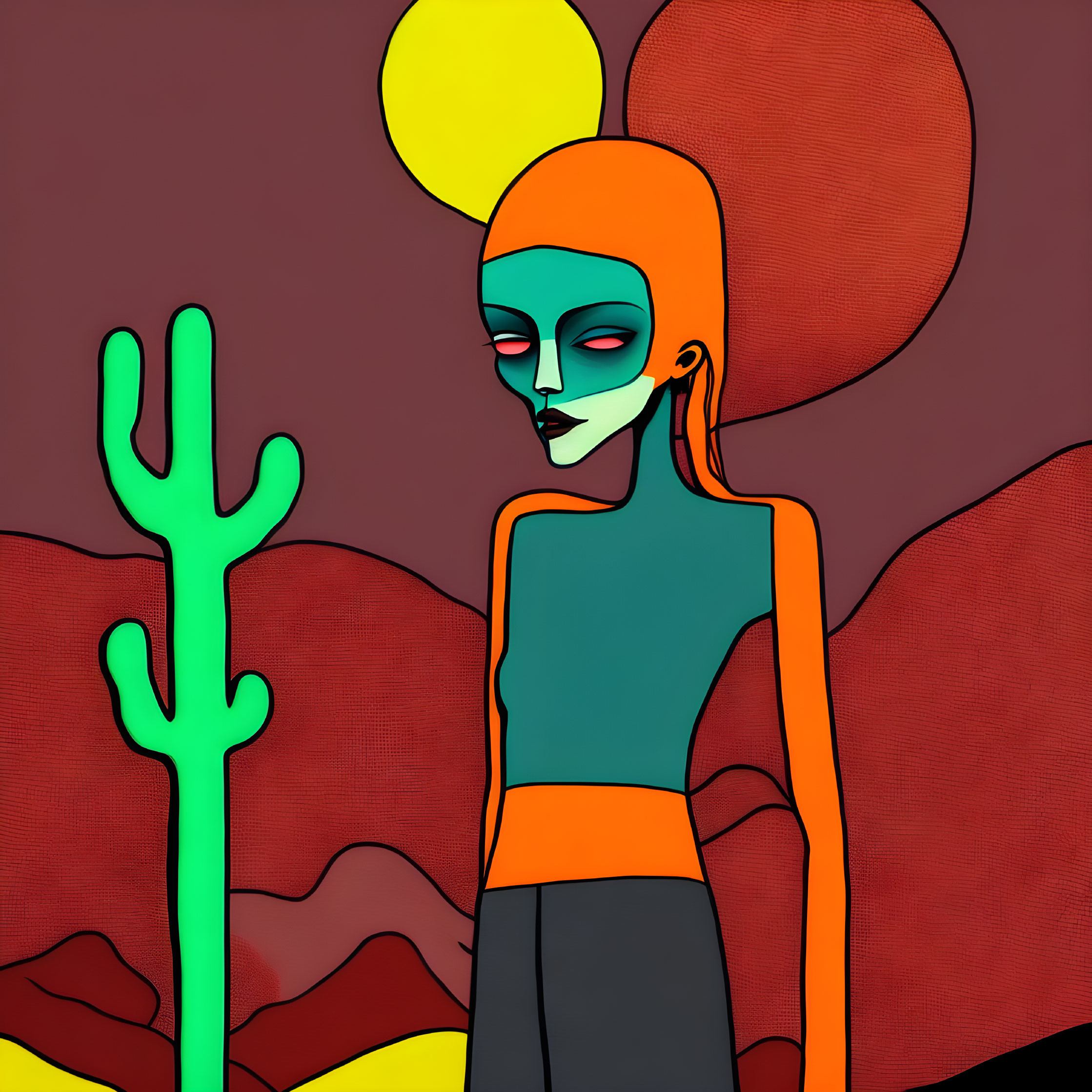 Figure with Green Skin and Orange Hair in Desert Scene with Cacti and Setting Sun