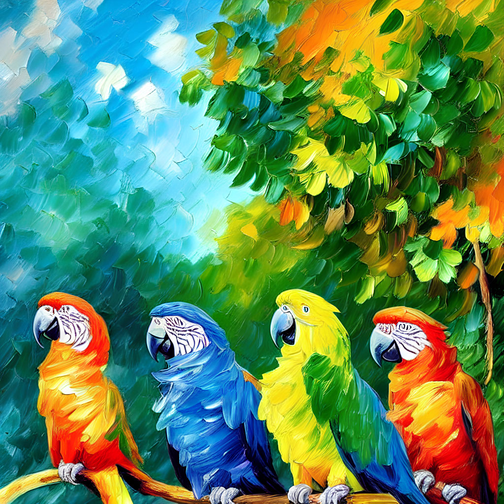 Vibrant painting of four parrots on a branch with colorful strokes against abstract backdrop