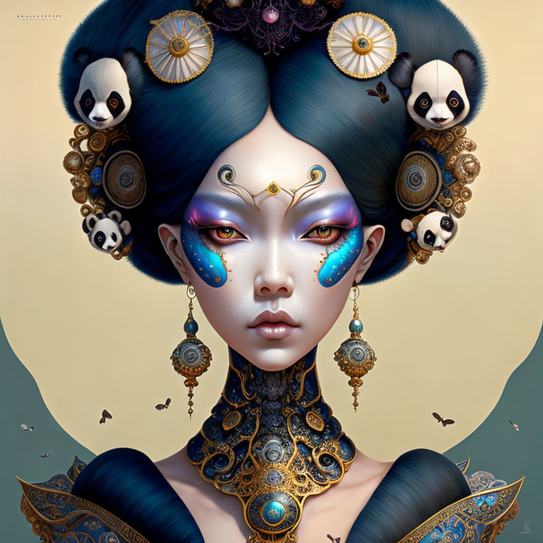 Fantasy-themed woman illustration with ornate jewelry and pandas in hair.