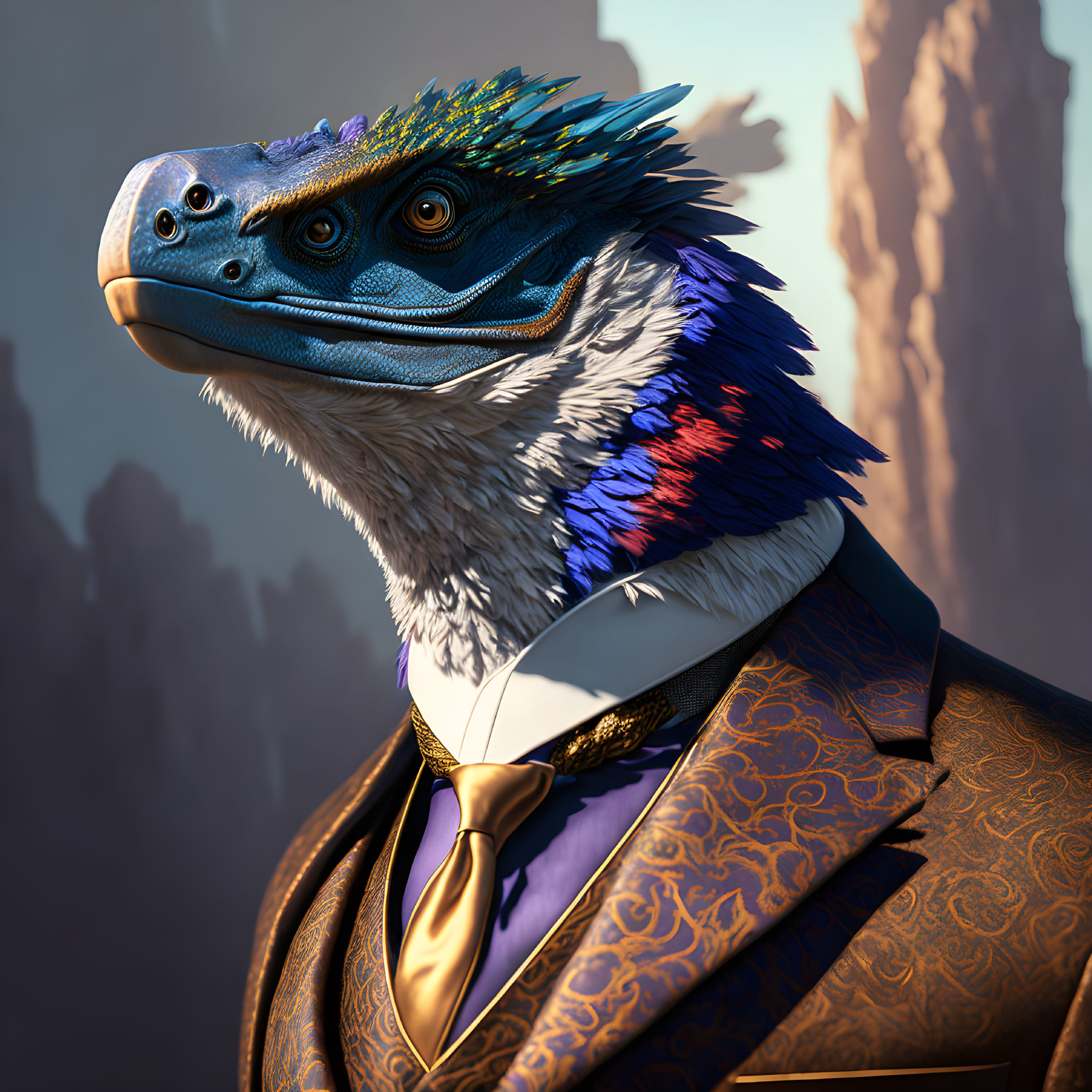 Colorful Feathered Dinosaur in Elegant Suit Against Rocky Background