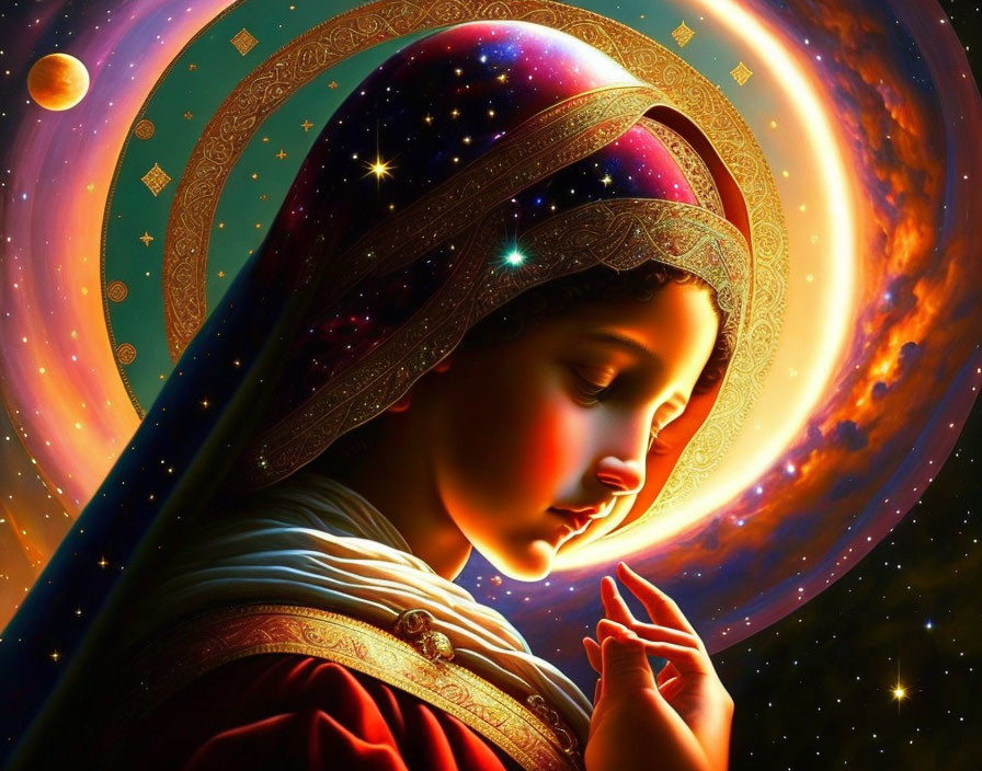 Digital Artwork: Woman in Prayer with Cosmic Background